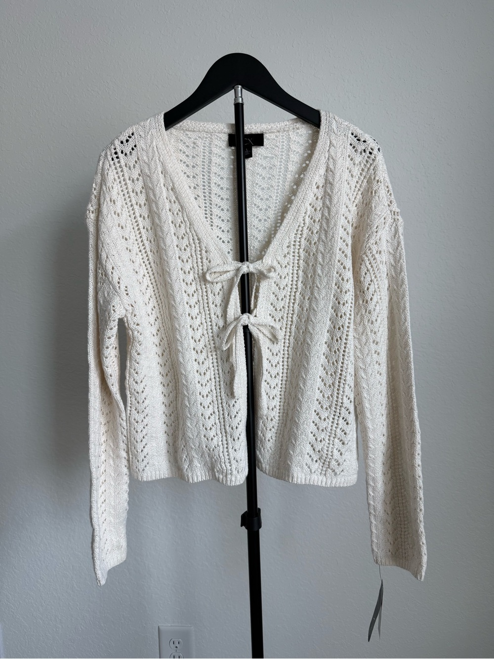 BCX Cream Open-Knit Tie-Front Cardigan